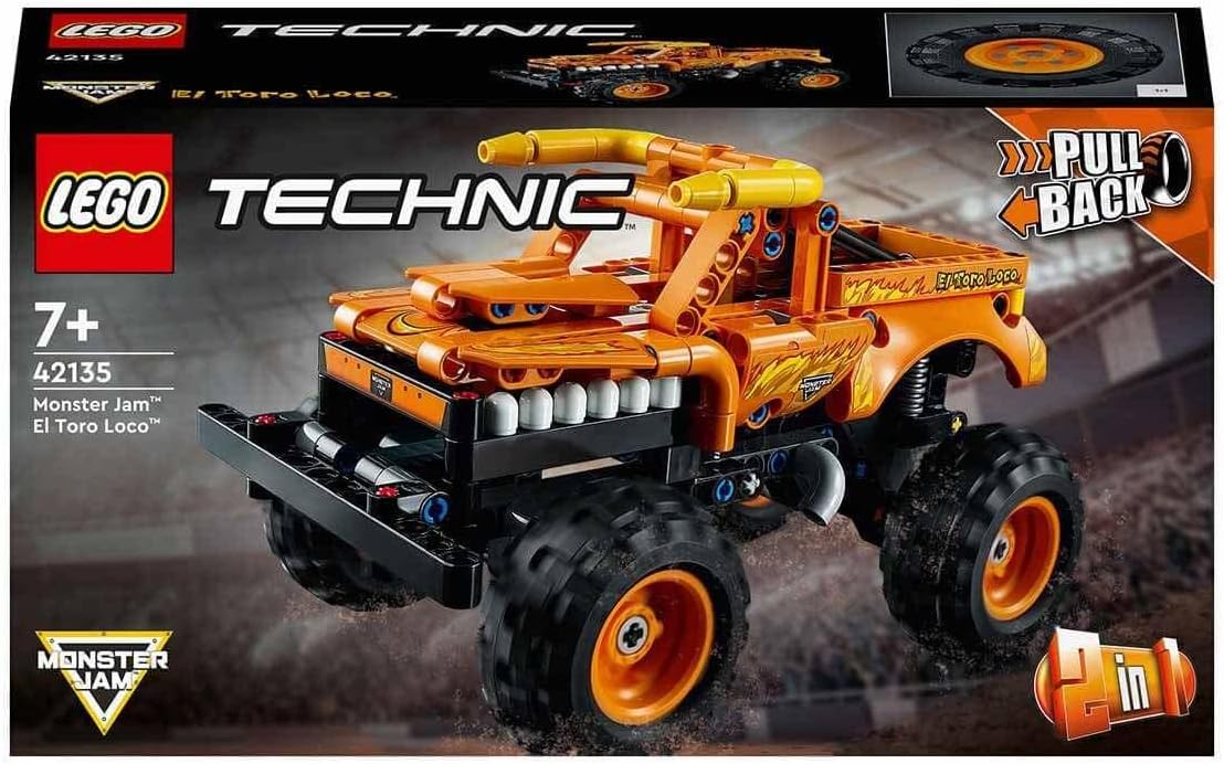 Brick-built bull-themed monster truck with horns and flame graphics
