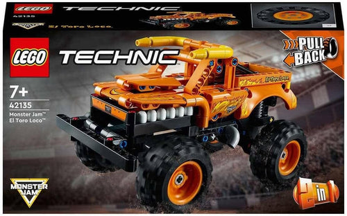 Brick-built bull-themed monster truck with horns and flame graphics