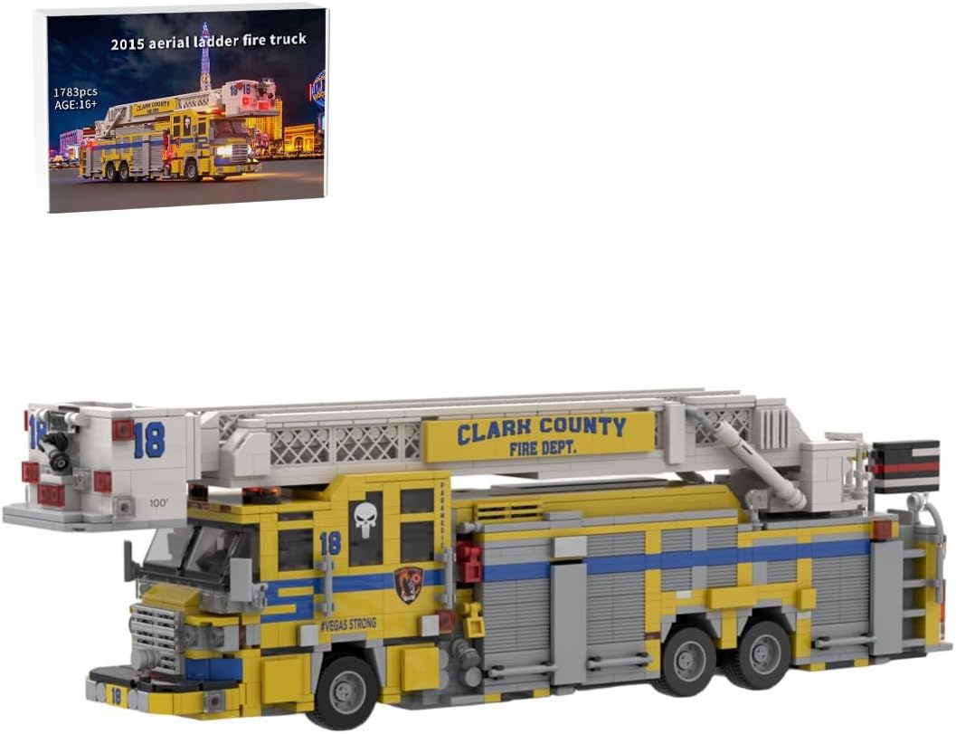 Brick-built red aerial ladder fire truck with yellow stripes and raised ladder – view 2