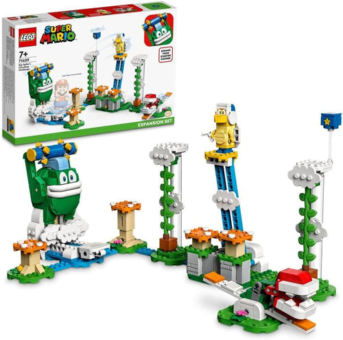 Brick-built cloud-top course with orange mushroom trampolines and three enemy figures