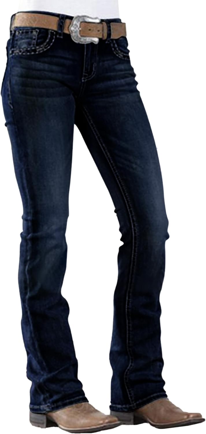 Women's Western Bootcut Jeans - Mid Rise Stretch Denim with Embroidered Pockets for Country Outfits - Small
