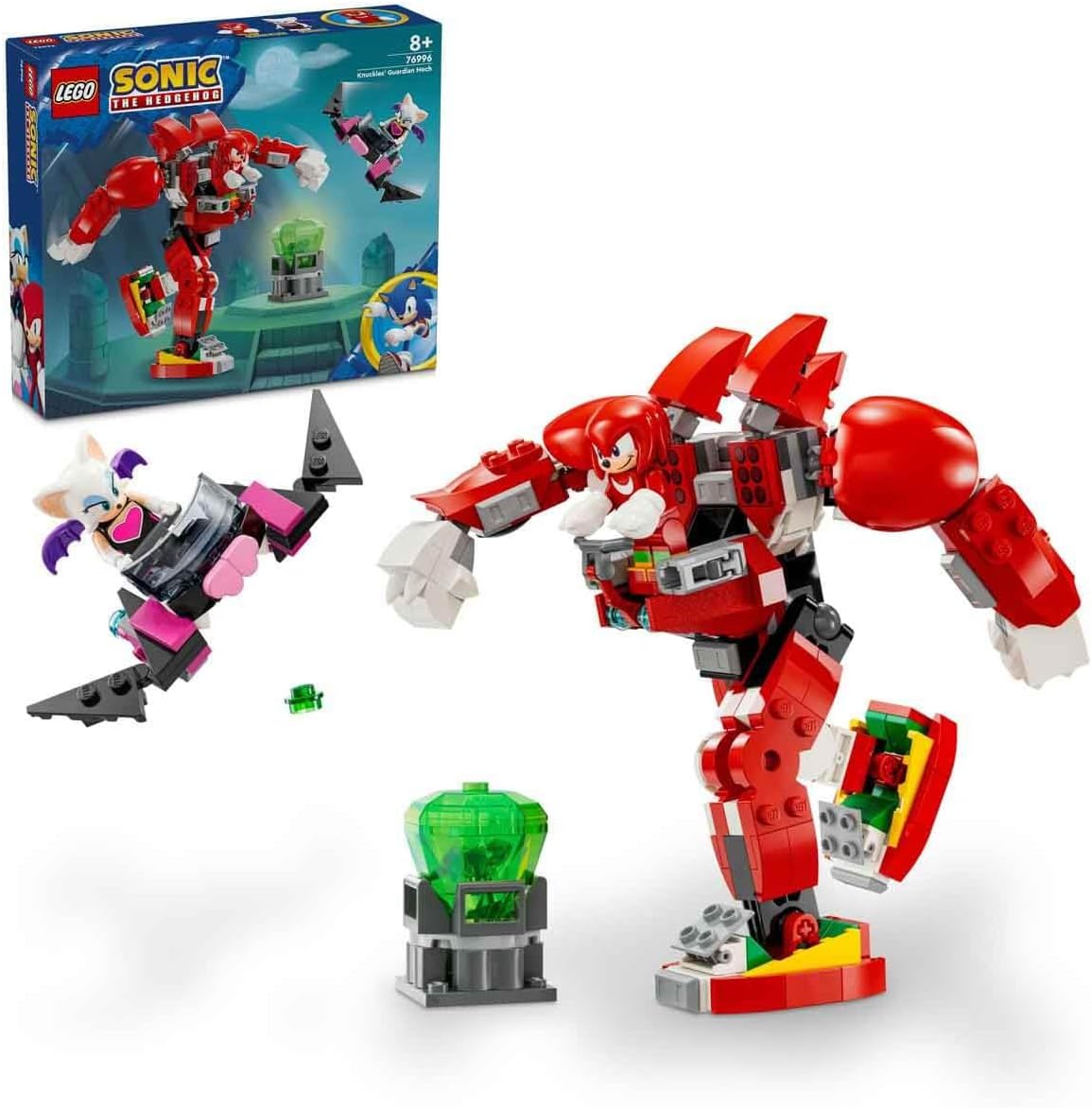 Brick-built articulated guardian robot with blasters beside a glider and green gem