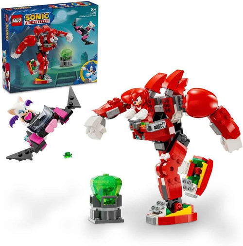 Brick-built articulated guardian robot with blasters beside a glider and green gem