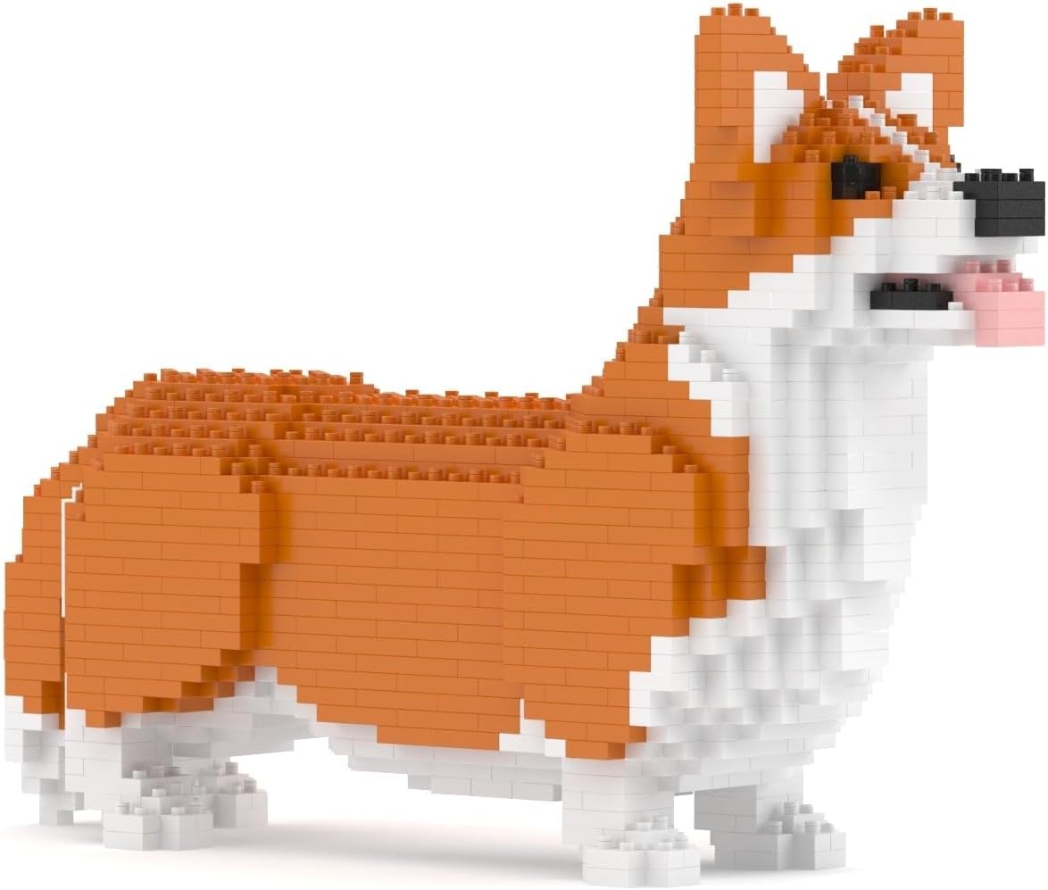 Built Welsh Corgi dog sculpture made of small plastic building blocks
