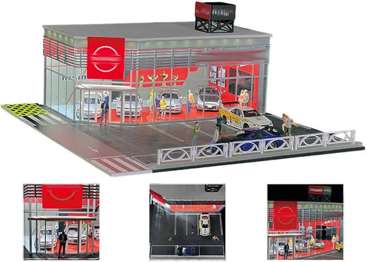 Small 1:64 scale car showroom diorama with sliding glass door and parking bays