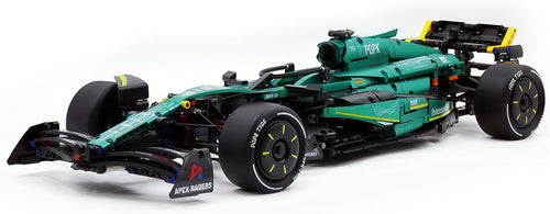Built green 1:8 scale open-wheel racing car brick model in side view