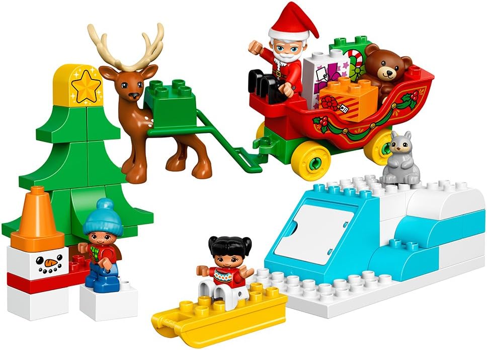 Large-brick Santa sleigh with reindeer, snowman and decorated tree