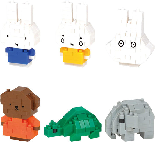 Six small micro brick bunny figures in different outfits