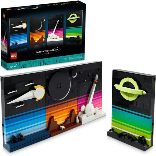 Four brick-built 3D postcards showing a moon base, rocket, comet and eclipse