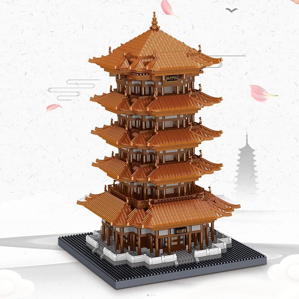 Micro block model of the multi-tiered Yellow Crane Tower with golden roofs