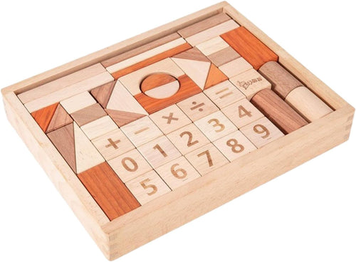 Hardwood blocks printed with numbers and math symbols arranged in a wooden tray