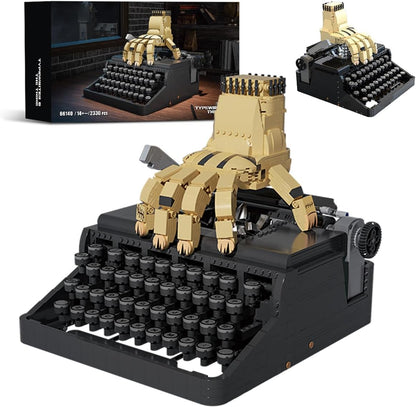 Black brick-built retro typewriter with gothic Halloween details