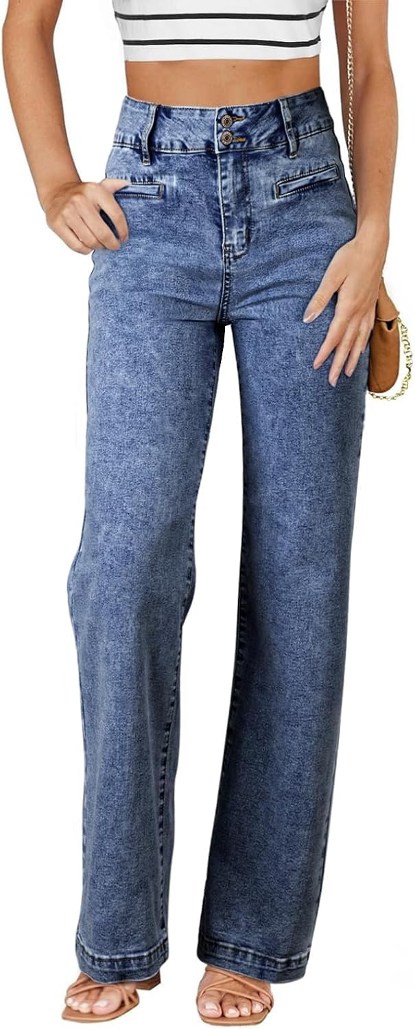 Women's High Waisted Straight Leg Jeans - Soft Stretch Denim with a Dual Button Closure and Pockets - 4