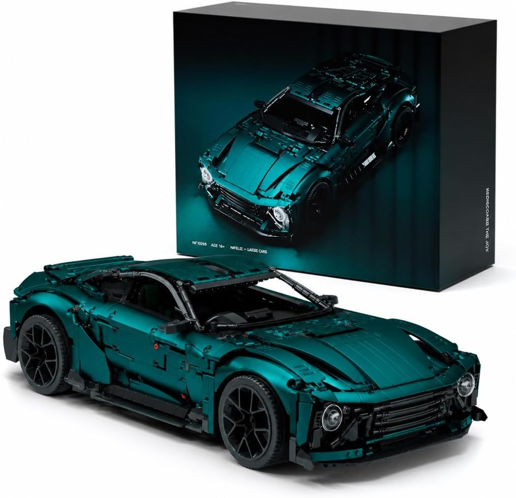 Brick-built red sports car scale model with open doors
