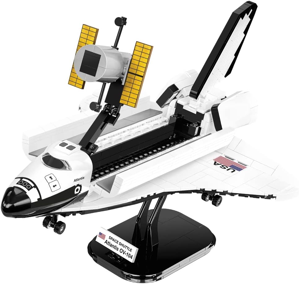 Brick-built white space shuttle orbiter with astronaut figure and mini telescope