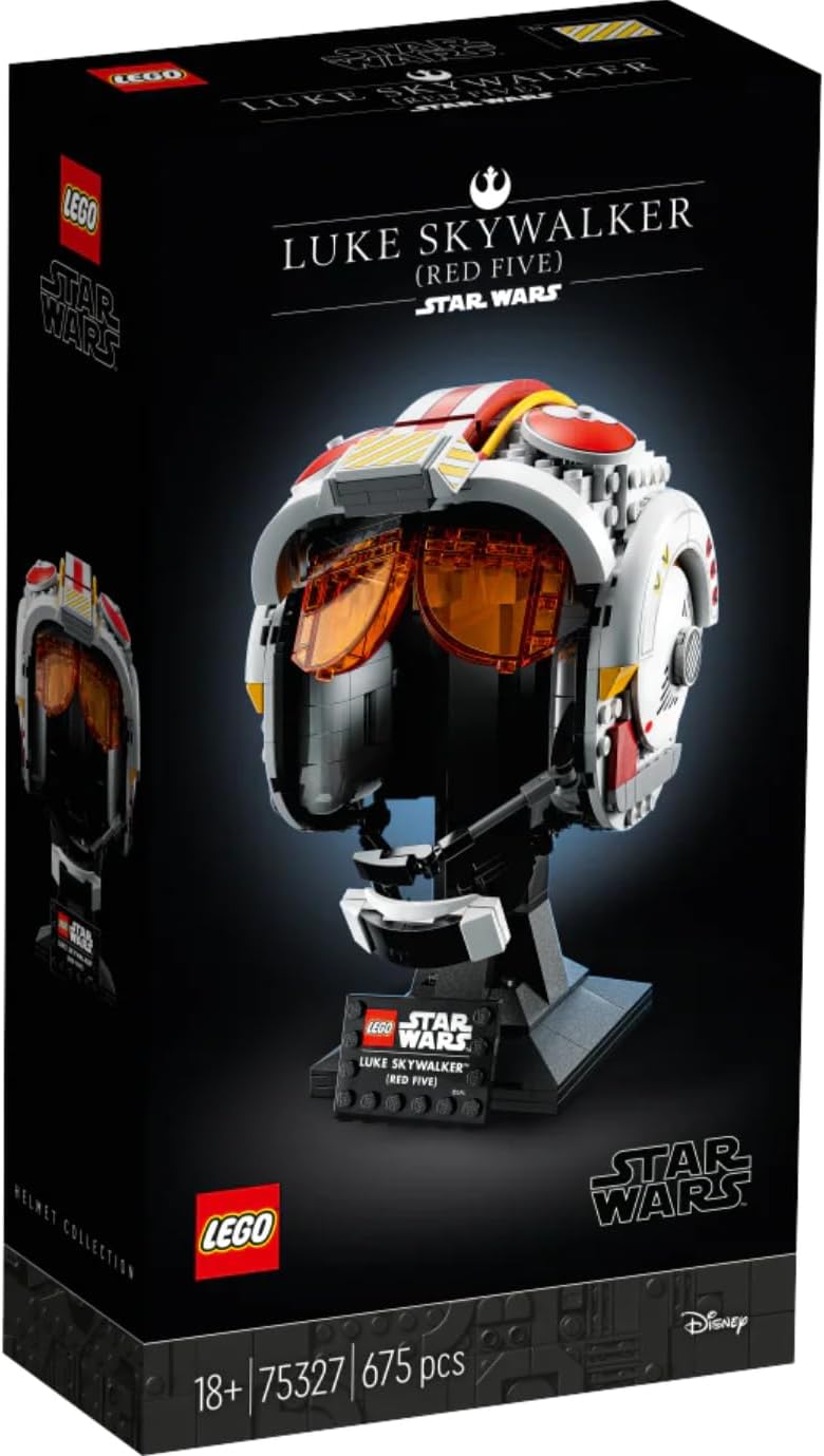 Built orange and white starfighter pilot helmet brick model on a display stand
