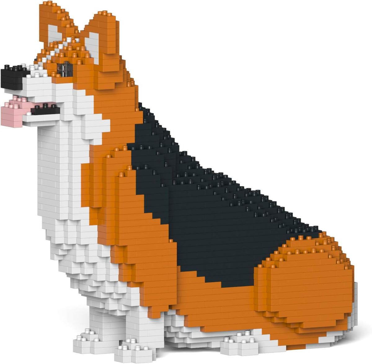 Brick-built Welsh Corgi sculpture in orange and white standing on four short legs – view 2