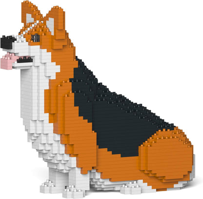 Brick-built Welsh Corgi sculpture in orange and white standing on four short legs – view 2