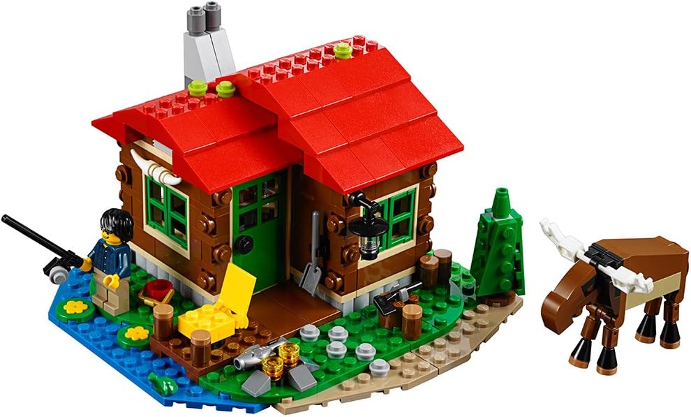 Brick-built rustic lakeside lodge with balcony, pine tree and water lilies