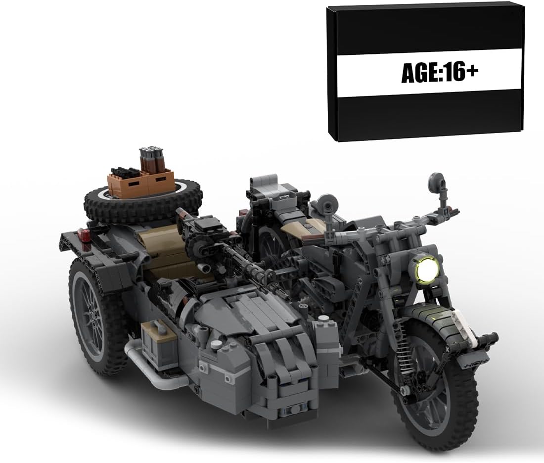 Brick-built WWII era motorcycle with attached sidecar