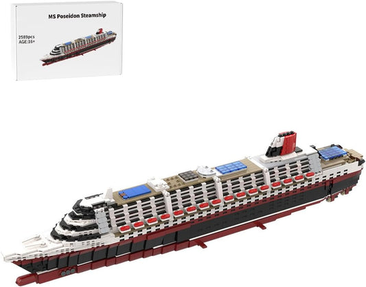 Long white brick-built cruise liner with blue hull, stacked decks and a funnel