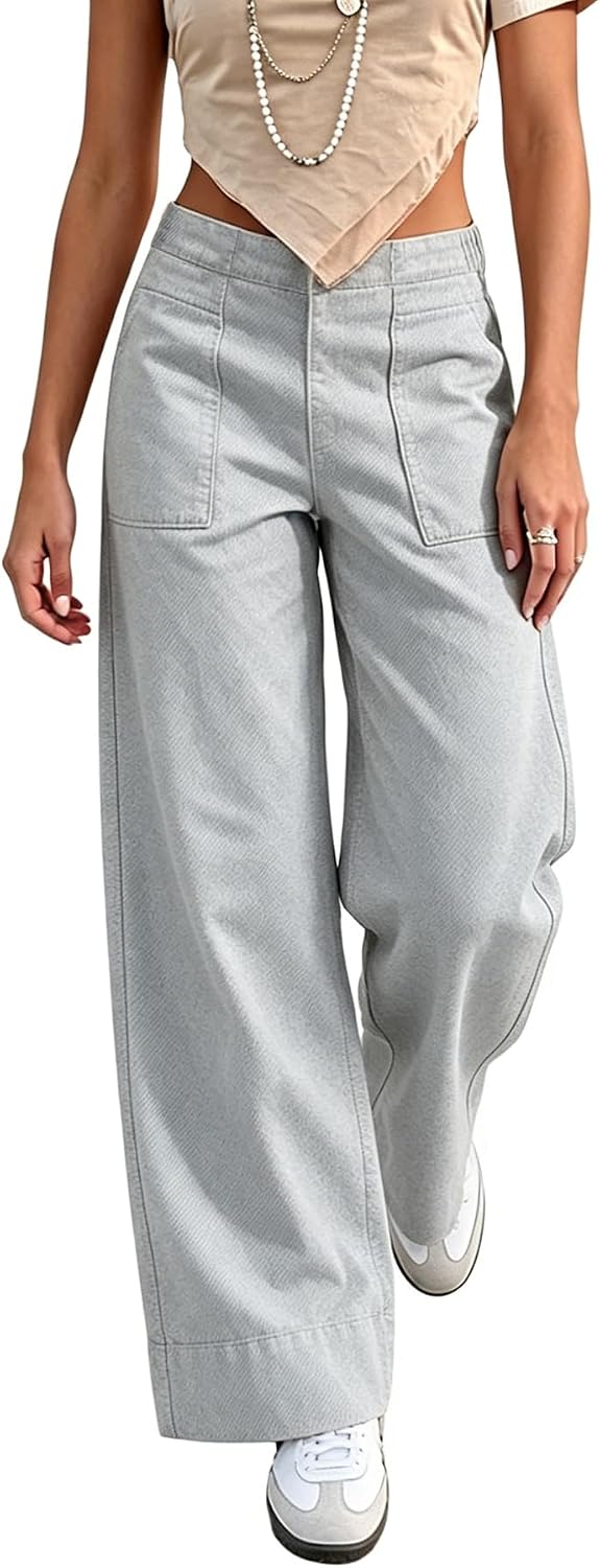 Women's Elastic Waist Wide Leg Jeans - Full Length Baggy Denim Pants for Relaxed Everyday Wear - Small (5)