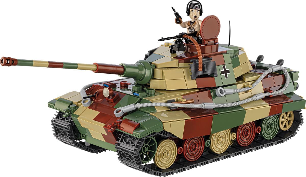 Camouflage brick-built German heavy tank with sloped armor, long gun barrel and tracks