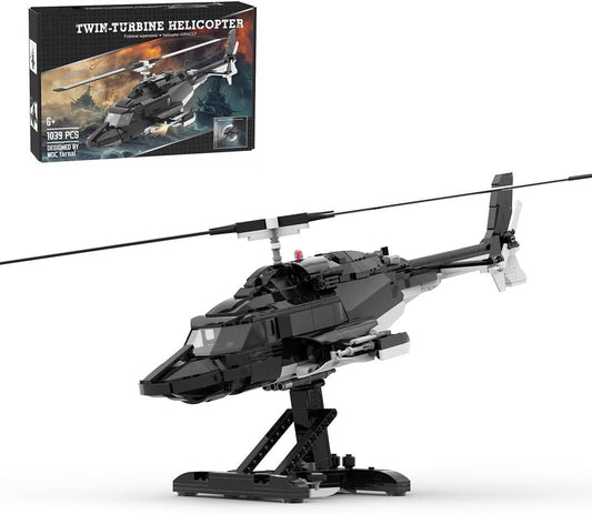Brick-built military attack helicopter on a display stand