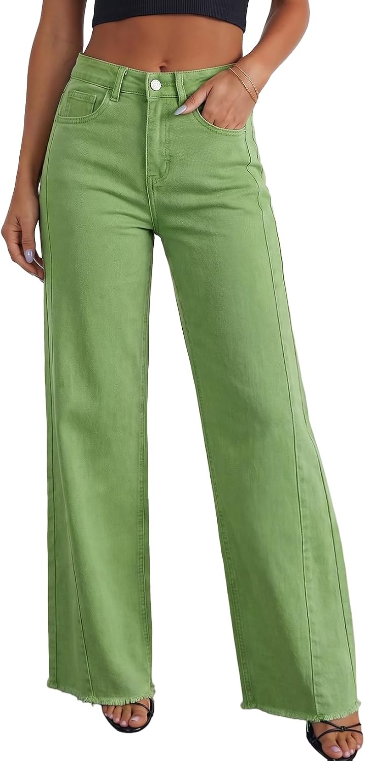Women's High Waisted Wide Leg Jeans - Raw Hem Baggy Boyfriend Denim in Full Length for Daily Outfits - 2