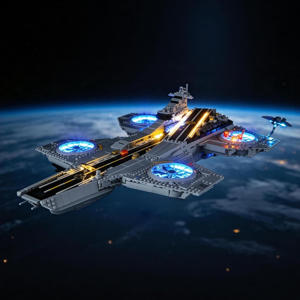Gray flying aircraft carrier brick model lit with LED lights on deck and rotors