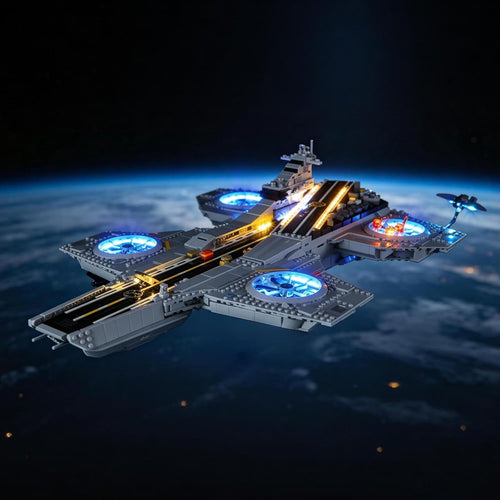 Gray flying aircraft carrier brick model lit with LED lights on deck and rotors