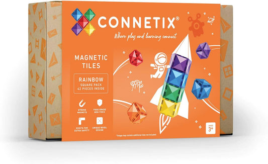 Rainbow-colored square magnetic tiles arranged in a stacked structure
