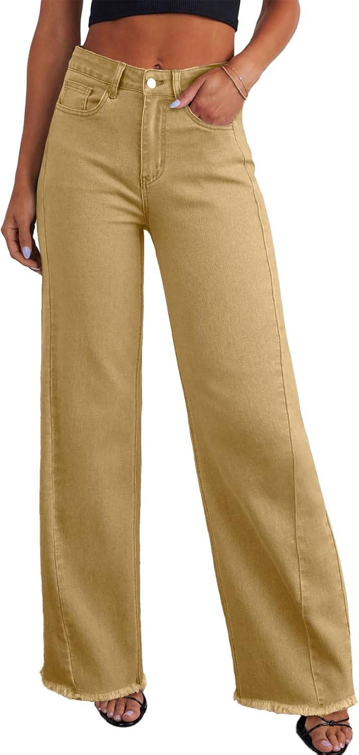 Women's High Waisted Wide Leg Jeans - Raw Hem Baggy Boyfriend Denim in Full Length for Daily Outfits - 0