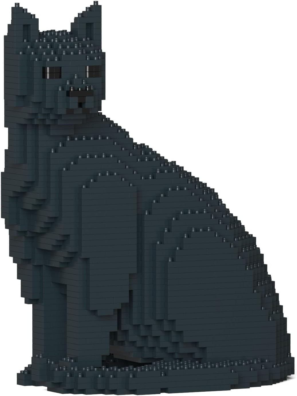 Finished black and white cat sculpture built from interlocking plastic bricks – view 2