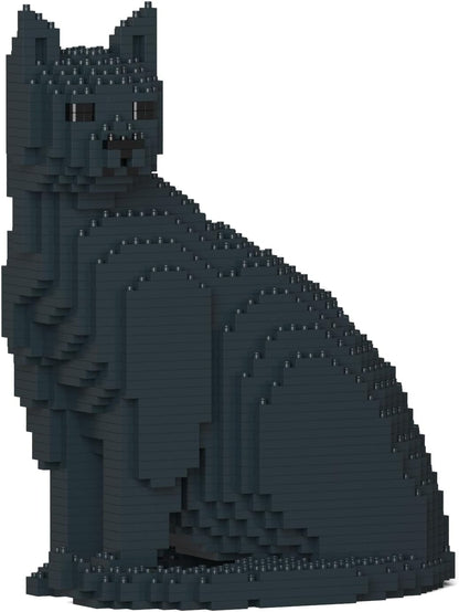 Finished black and white cat sculpture built from interlocking plastic bricks – view 2