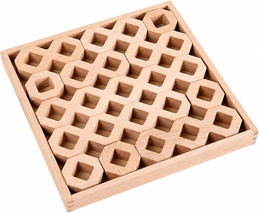 Solid beech wood construction blocks assembled into a simple 3D structure
