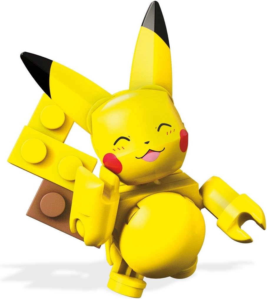Yellow brick-built electric creature figure beside an open capsule ball