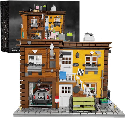 Two-story brick modular house with lights glowing in the windows
