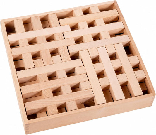 Solid beech wood building blocks stacked into a small structure