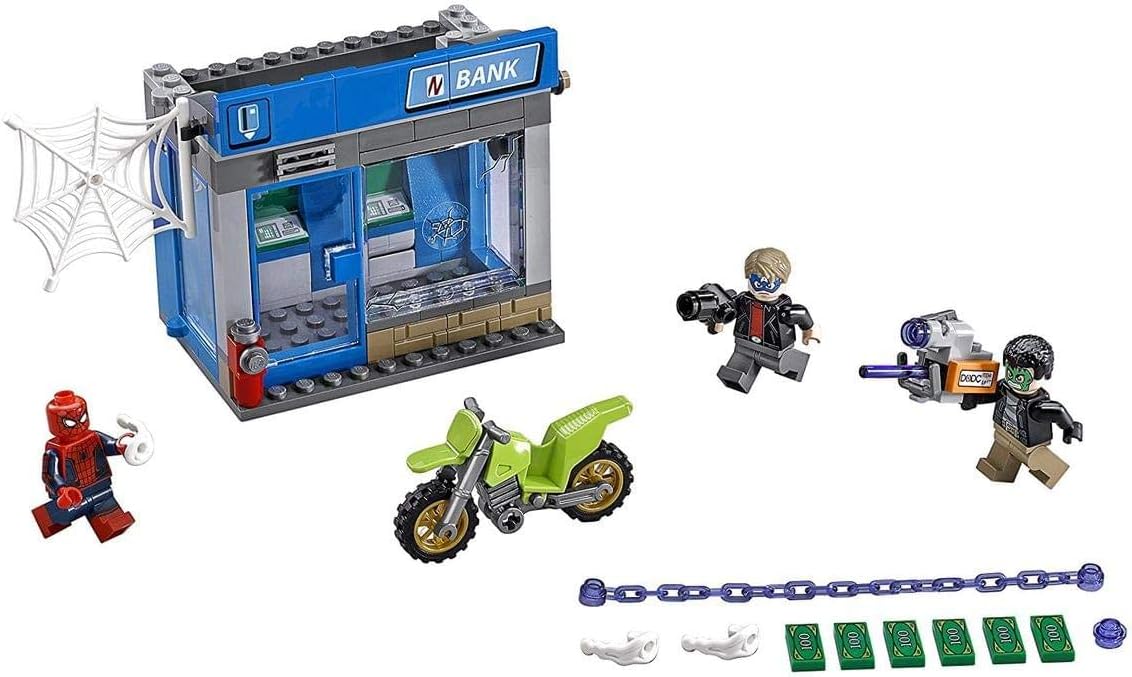 Brick-built ATM heist scene with a superhero minifigure