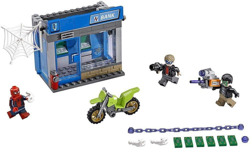 Brick-built ATM heist scene with a superhero minifigure