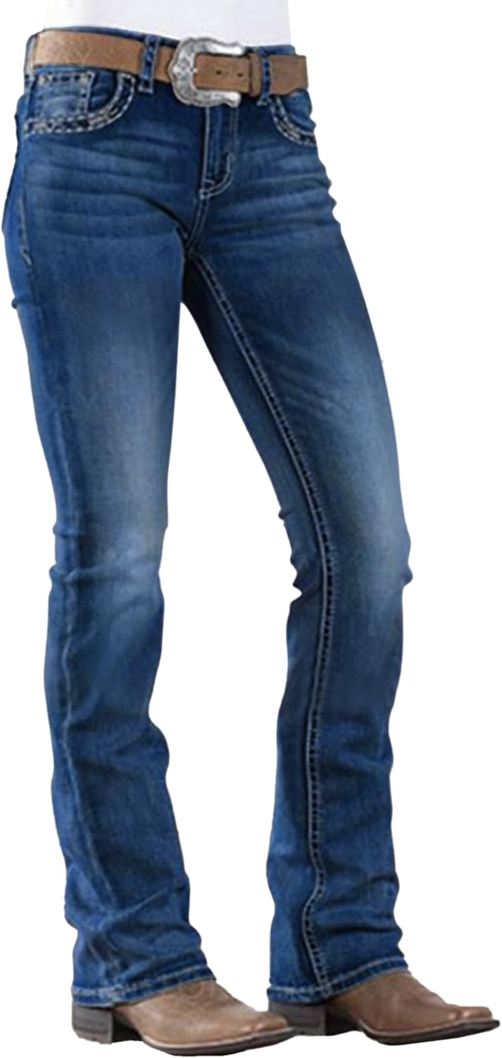 Women's Western Bootcut Jeans - Mid Rise Stretch Denim with Embroidered Pockets for Country Outfits - Small
