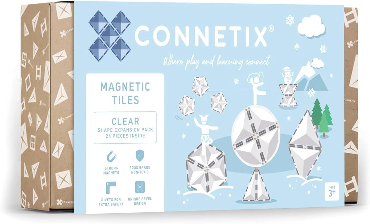 Assortment of clear magnetic tiles in squares, triangles and other shapes