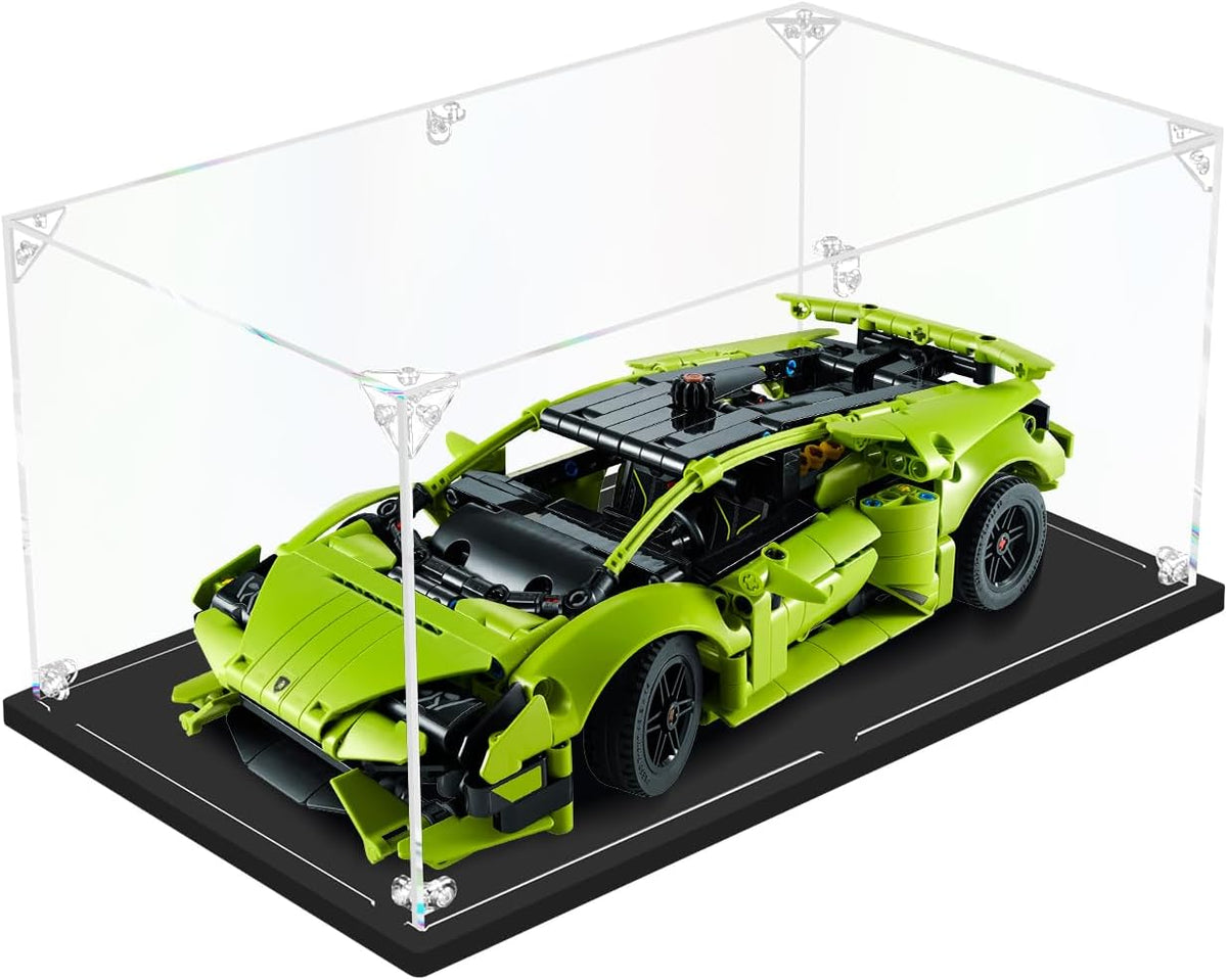 Clear acrylic display box holding a round superhero shield brick model – view 11
