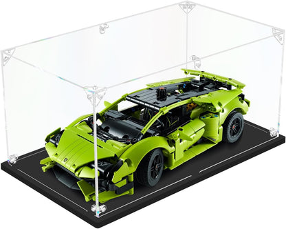 Clear acrylic display box holding a round superhero shield brick model – view 11