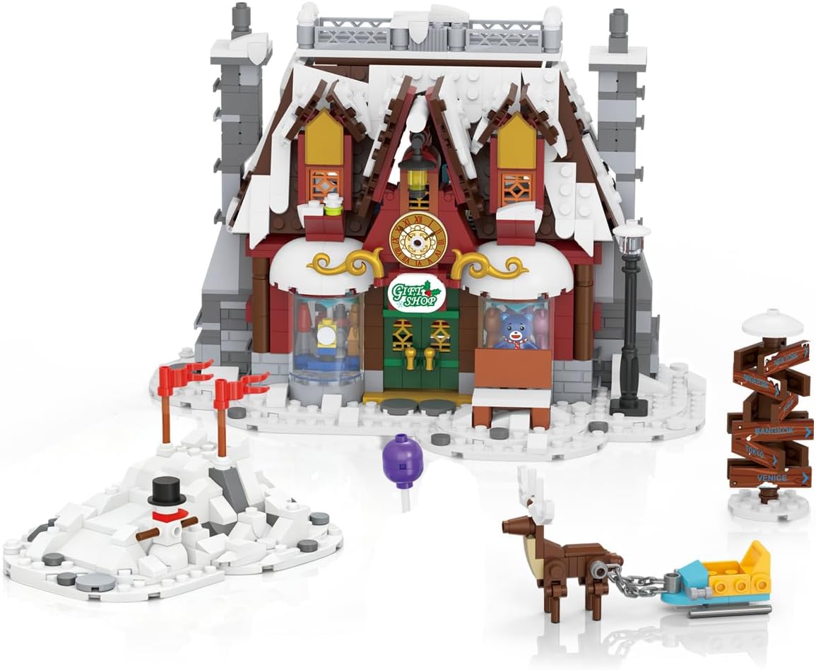 Built snowy holiday bakery with red awning, fountain and snack stand – view 7