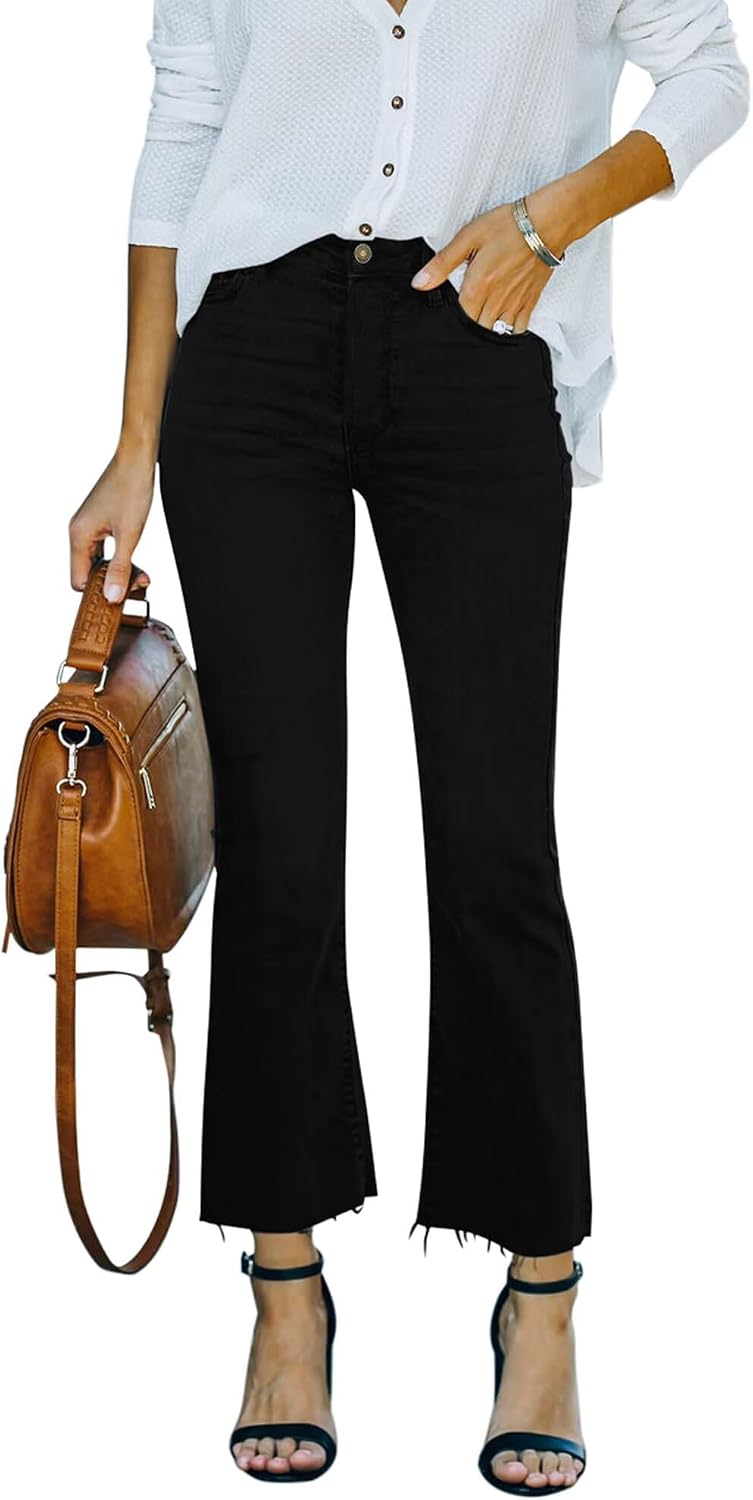 Women's Stretch Denim Flare Jeans - High Rise Raw Hem Ankle Crop with Bootcut Leg for Daily Wear - 2