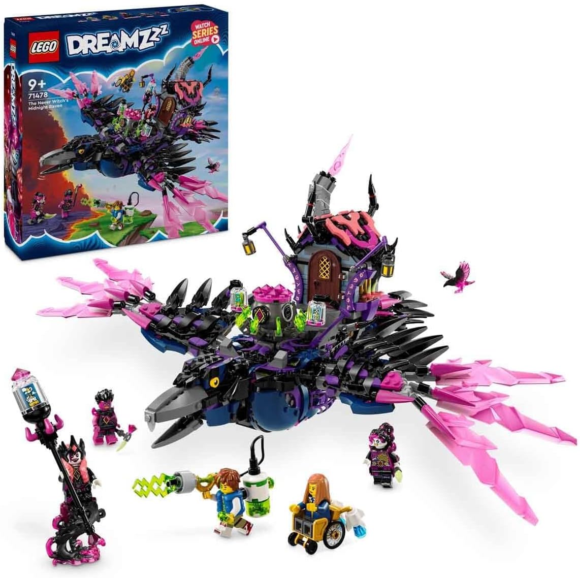 Black brick-built raven with spread articulated wings next to a spider creature and a walking hut
