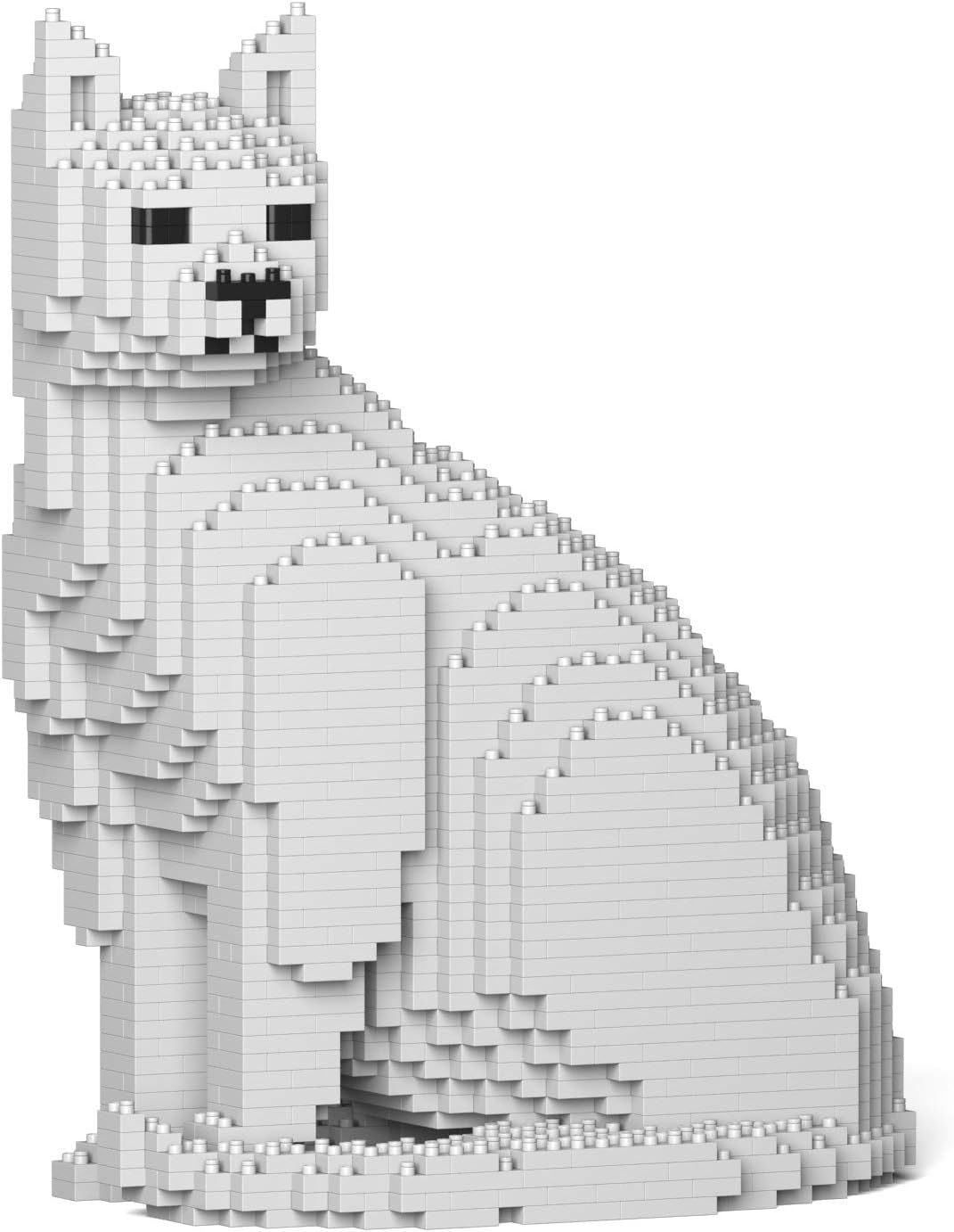 Finished black and white cat sculpture built from interlocking plastic bricks – view 7