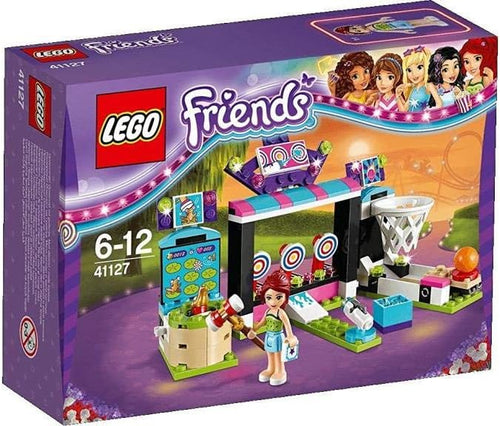 Brick funfair arcade booth with basketball hoop, water gun targets and frog game